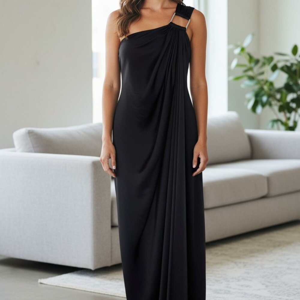Ramy Brook Willow One-Shoulder Gown – Satin Charmeuse – Black